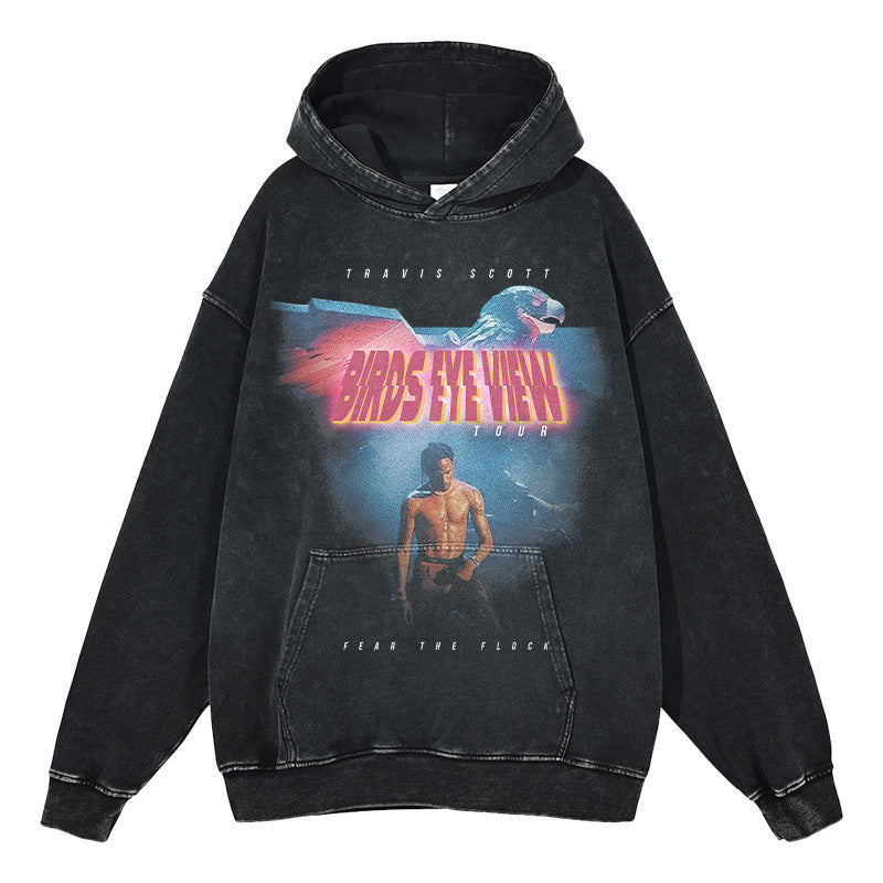 European and American hip-hop Travis Scott printed hooded sweatshirt TS men's high street washed vintage loose fitting hoodie