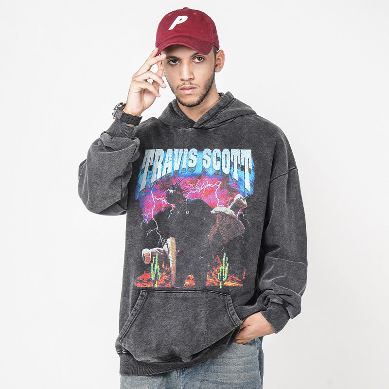 European and American hip-hop Travis Scott printed hooded sweatshirt TS men's high street washed vintage loose fitting hoodie