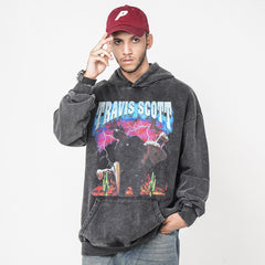 European and American hip-hop Travis Scott printed hooded sweatshirt TS men's high street washed vintage loose fitting hoodie