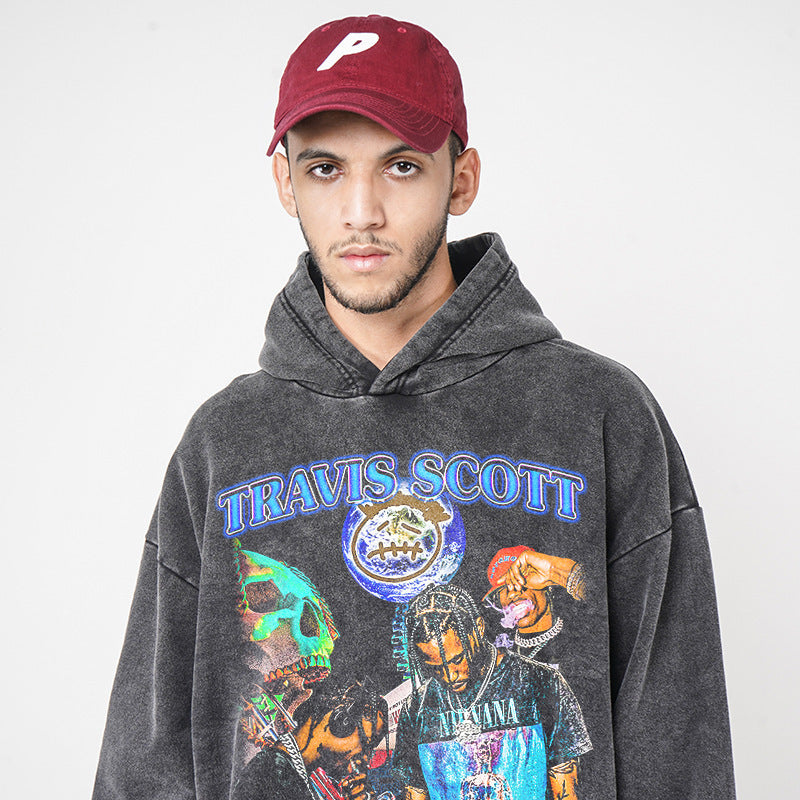European and American hip-hop Travis Scott printed hooded sweatshirt TS men's high street washed vintage loose fitting hoodie