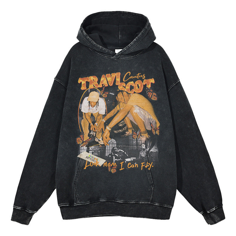 European and American hip-hop Travis Scott printed hooded sweatshirt TS men's high street washed vintage loose fitting hoodie