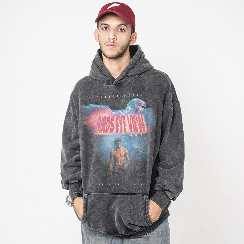 European and American hip-hop Travis Scott printed hooded sweatshirt TS men's high street washed vintage loose fitting hoodie