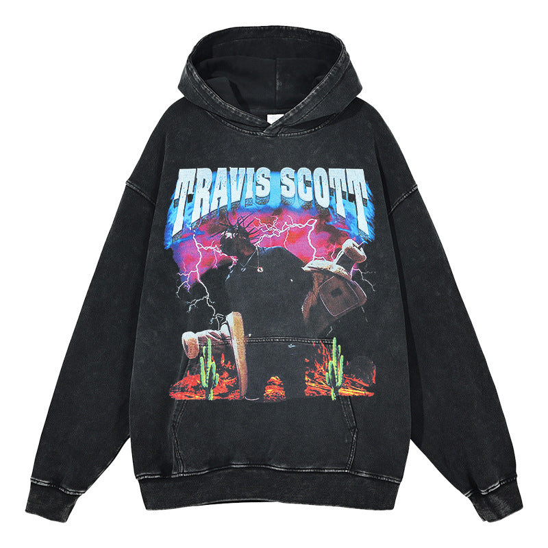 European and American hip-hop Travis Scott printed hooded sweatshirt TS men's high street washed vintage loose fitting hoodie