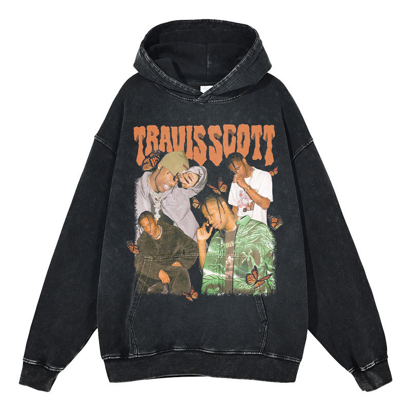 European and American hip-hop Travis Scott printed hooded sweatshirt TS men's high street washed vintage loose fitting hoodie