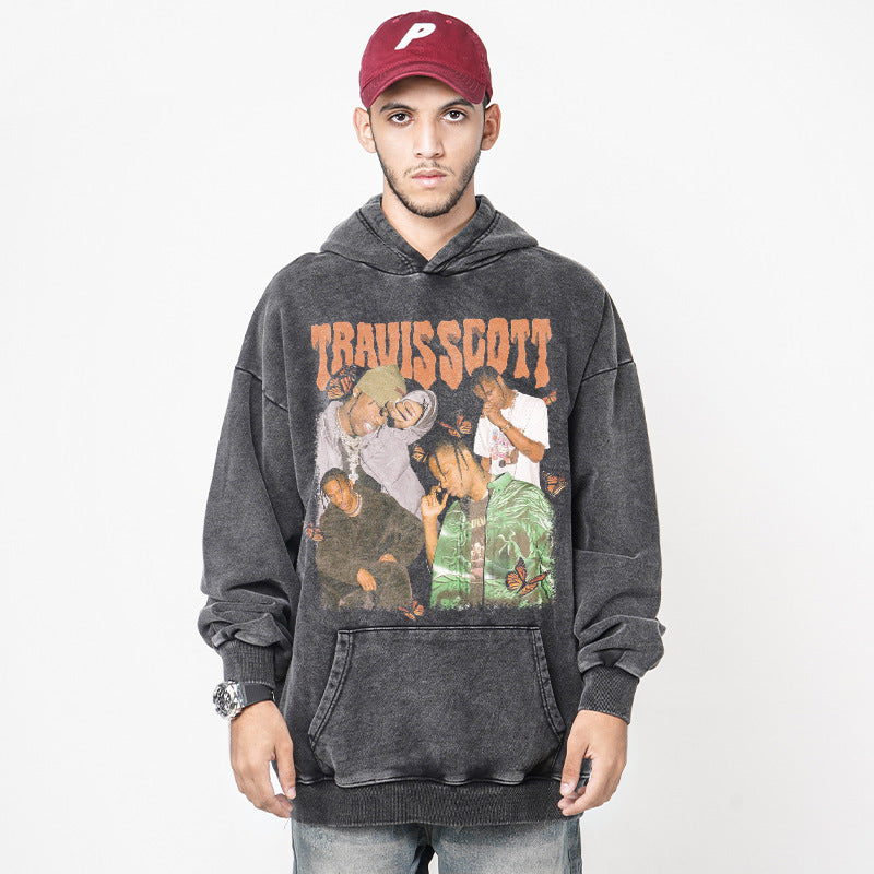 European and American hip-hop Travis Scott printed hooded sweatshirt TS men's high street washed vintage loose fitting hoodie