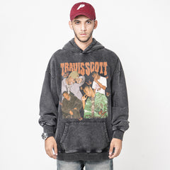 European and American hip-hop Travis Scott printed hooded sweatshirt TS men's high street washed vintage loose fitting hoodie