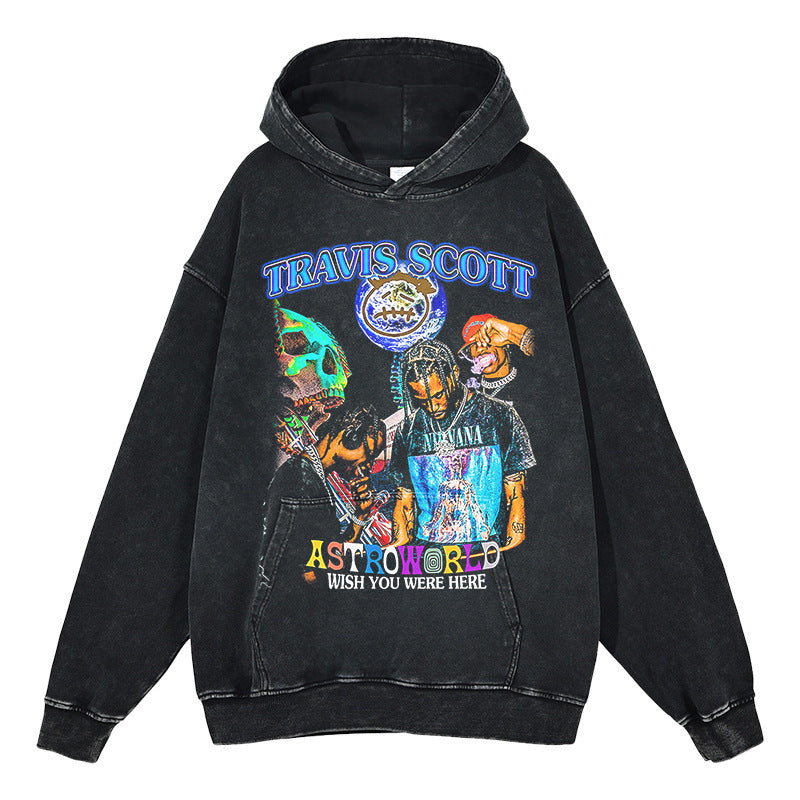 European and American hip-hop Travis Scott printed hooded sweatshirt TS men's high street washed vintage loose fitting hoodie